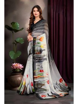 Sedora Couture - Grey Georgette Floral Printed Saree with Unstitched Blouse