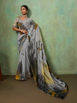 Sedora Couture - Grey Georgette Abstract Printed Saree with Unstitched Blouse