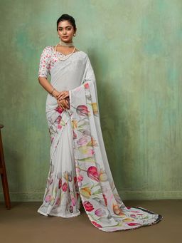 Sedora Couture - White Georgette Floral Printed Saree with Unstitched Blouse