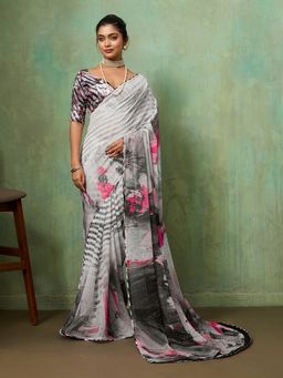 Sedora Couture - Grey Georgette Abstract Printed Saree with Unstitched Blouse
