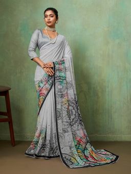 Sedora Couture - Grey Georgette Geometric Printed Saree with Unstitched Blouse
