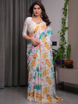 ALMAARI FASHION - White Floral Saree with Unstitched Blouse