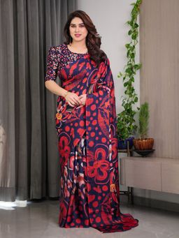 ALMAARI FASHION - Navy Blue Floral Saree with Unstitched Blouse
