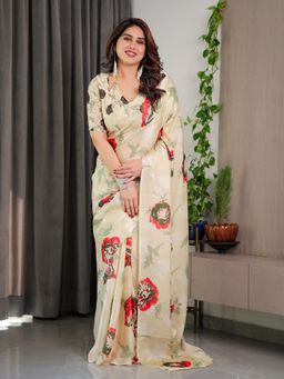 ALMAARI FASHION - Cream Floral Saree with Unstitched Blouse