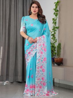 ALMAARI FASHION - Blue Floral Saree with Unstitched Blouse
