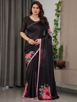 ALMAARI FASHION - Black Floral Saree with Unstitched Blouse