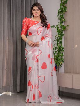 ALMAARI FASHION - White Printed Saree with Unstitched Blouse