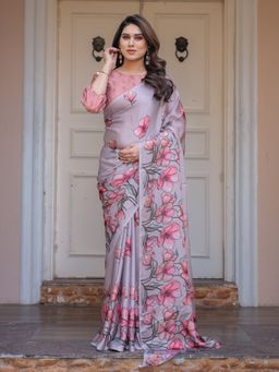 ALMAARI FASHION - Blue Floral Saree with Unstitched Blouse