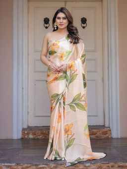 ALMAARI FASHION - Cream Floral Saree with Unstitched Blouse