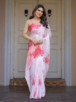 ALMAARI FASHION - White Floral Saree with Unstitched Blouse