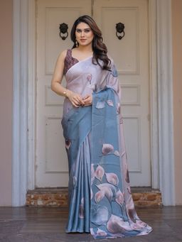 ALMAARI FASHION - Grey Printed Saree with Unstitched Blouse