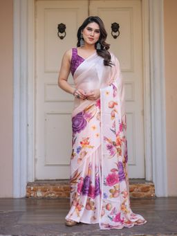 ALMAARI FASHION - Ivory Floral Saree with Unstitched Blouse