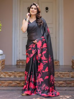 ALMAARI FASHION - Black Floral Saree with Unstitched Blouse