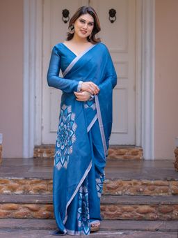 ALMAARI FASHION - Blue Floral Saree with Unstitched Blouse