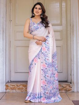 ALMAARI FASHION - Ivory Floral Saree with Unstitched Blouse
