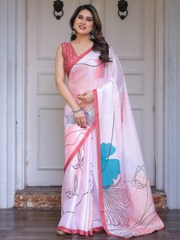 ALMAARI FASHION - Pink Floral Saree with Unstitched Blouse
