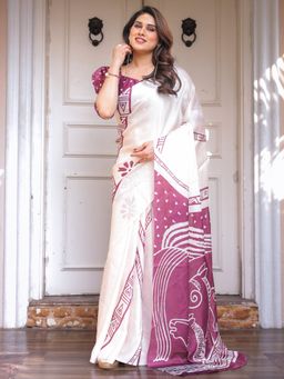 ALMAARI FASHION - White Geometric Saree with Unstitched Blouse