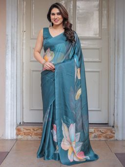 ALMAARI FASHION - Teal Floral Saree with Unstitched Blouse