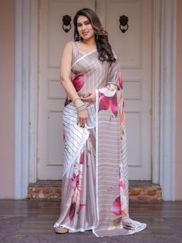 ALMAARI FASHION - White Stripes Saree with Unstitched Blouse