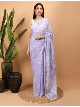 Shwet Heritage - Purple Hand Embroidered Chikankari Saree with Unstitched Blouse