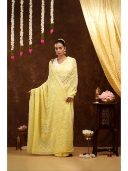 Shwet Heritage - Yellow Hand Embroidered Chikankari Saree with Unstitched Blouse