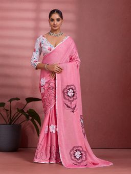 Sedora Couture - Pink Georgette Floral Printed Saree with Unstitched Blouse