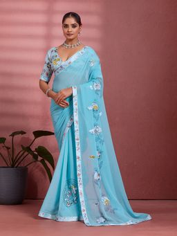 Sedora Couture - Blue Georgette Floral Printed Saree with Unstitched Blouse