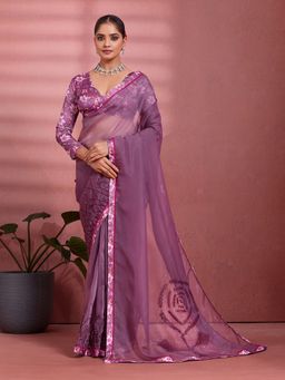 Sedora Couture - Purple Silk Floral Printed Saree with Unstitched Blouse