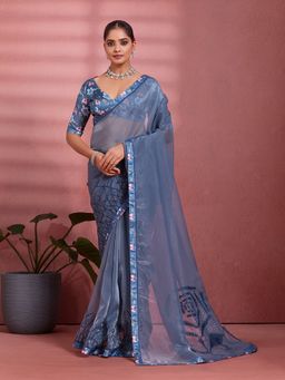 Sedora Couture - Charcoal Silk Floral Printed Saree with Unstitched Blouse