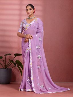 Sedora Couture - Lavender Georgette Floral Printed Saree with Unstitched Blouse