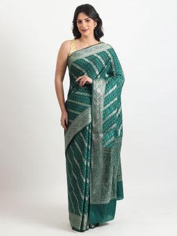 THE WEAVERS SHOP BY RAAVI - Green Banarsi Silk Blend Woven Saree with Unstitched Blouse