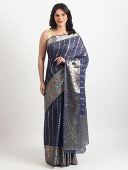 THE WEAVERS SHOP BY RAAVI - Purple Silk Blend Woven Saree with Unstitched Blouse