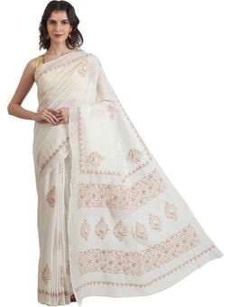 THE WEAVERS SHOP BY RAAVI - White Chanderi Chikankari Saree with Unstitched Blouse