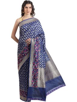 THE WEAVERS SHOP BY RAAVI - Blue Silk Woven Saree with Unstitched Blouse
