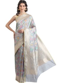 THE WEAVERS SHOP BY RAAVI - Grey Silk Woven Saree with Unstitched Blouse