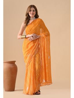 THE WEAVERS SHOP BY RAAVI - Yellow Georgette Stripes Saree with Unstitched Blouse