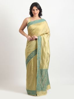 THE WEAVERS SHOP BY RAAVI - Yellow Silk Blend Floral Saree with Unstitched Blouse