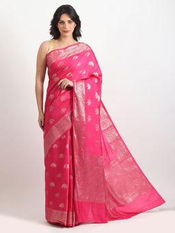 THE WEAVERS SHOP BY RAAVI - Pink Cotton Silk Woven Saree with Unstitched Blouse