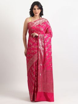 THE WEAVERS SHOP BY RAAVI - Pink Silk Blend Woven Saree with Unstitched Blouse