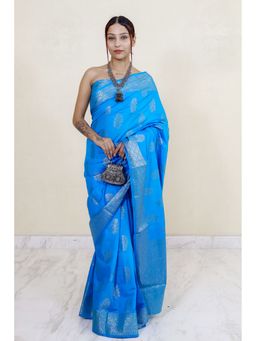 THE WEAVERS SHOP BY RAAVI - Blue Banarasi Silk Blend Woven Saree with Unstitched Blouse