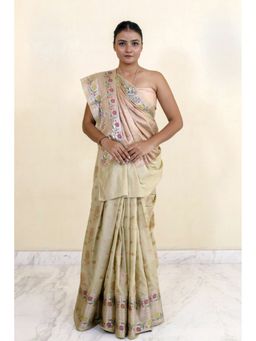 THE WEAVERS SHOP BY RAAVI - Beige Banarasi Silk Blend Woven Saree with Unstitched Blouse