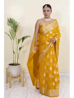 THE WEAVERS SHOP BY RAAVI - Yellow Banarasi Silk Blend Woven Saree with Unstitched Blouse