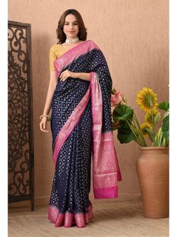 THE WEAVERS SHOP BY RAAVI - Blue Silk Blend Woven Saree with Unstitched Blouse
