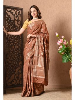 THE WEAVERS SHOP BY RAAVI - Brown Silk Blend Woven Saree with Unstitched Blouse