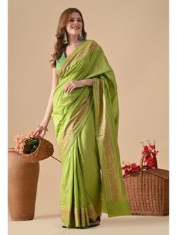 THE WEAVERS SHOP BY RAAVI - Green Silk Blend Woven Zari Saree with Unstitched Blouse