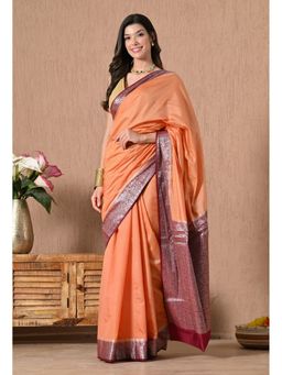 THE WEAVERS SHOP BY RAAVI - Orange Silk Blend Woven Saree with Unstitched Blouse
