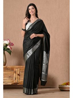 THE WEAVERS SHOP BY RAAVI - Black Silk Blend Woven Saree with Unstitched Blouse