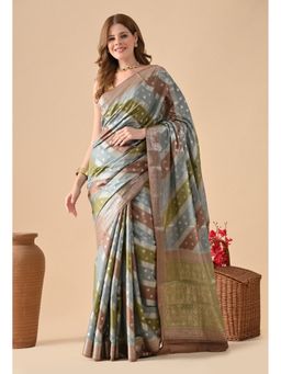 THE WEAVERS SHOP BY RAAVI - Brown Silk Blend Woven Saree with Unstitched Blouse