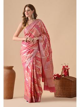 THE WEAVERS SHOP BY RAAVI - Pink Silk Blend Woven Zari Saree with Unstitched Blouse