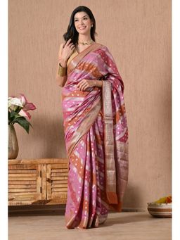 THE WEAVERS SHOP BY RAAVI - Pink Silk Blend Woven Saree with Unstitched Blouse
